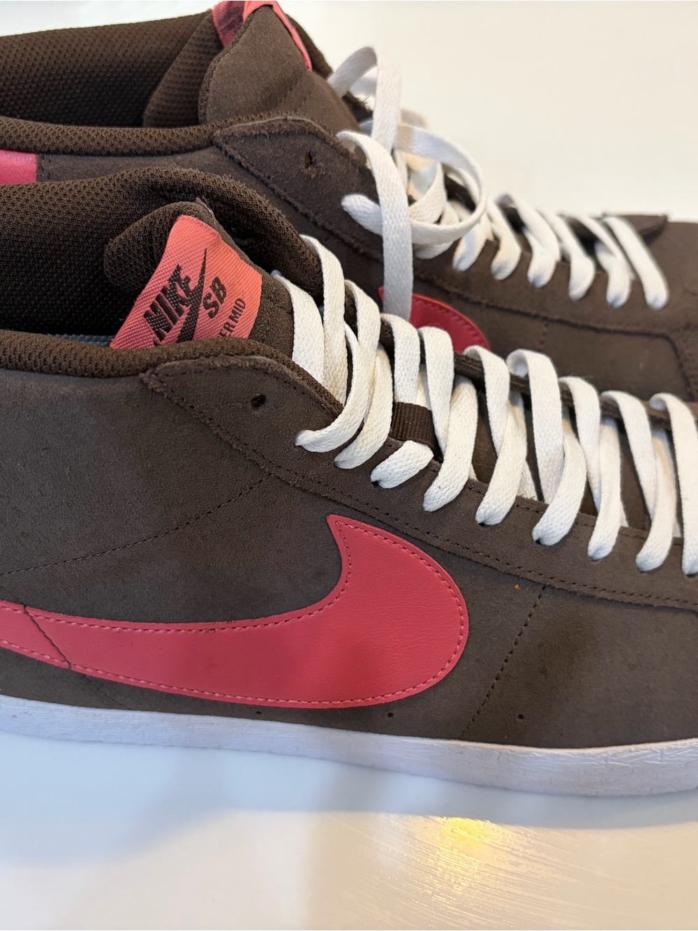 Nike Brown Suede Mid-Top Sneakers with Pink Swoosh